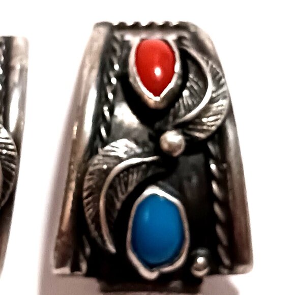 Vntg STERLING CORAL TURQUOISE Signed NAVAJO tips watch band (1281) - Picture 5 of 6